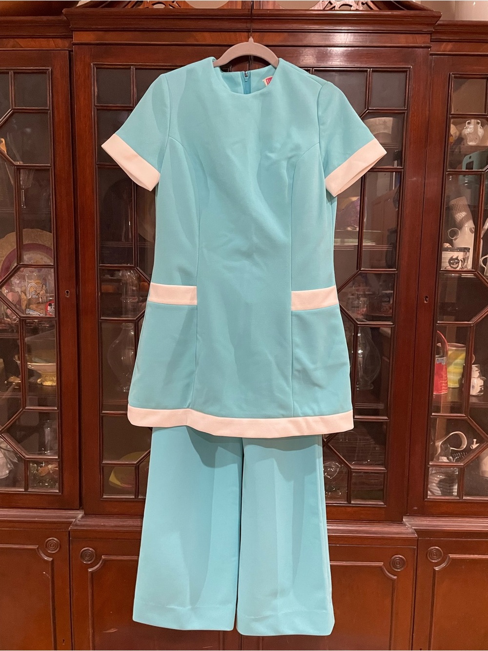 Vintage Like New Imperial Women's Aqua Two-Piece Pantsuit with White Trim